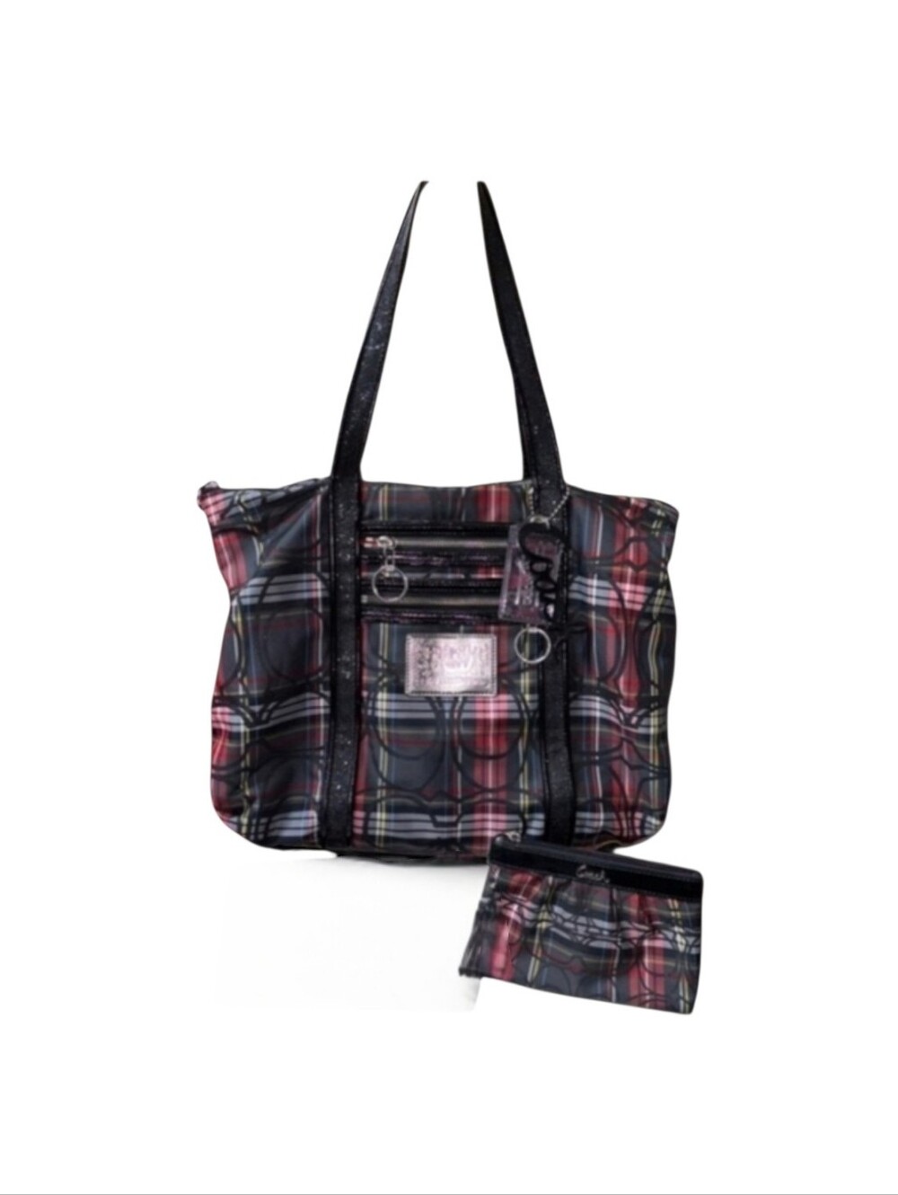Coach POPPY TARTAN GLAM Tote/Wristlet Set with Red/Black Script And 2 Hangtags